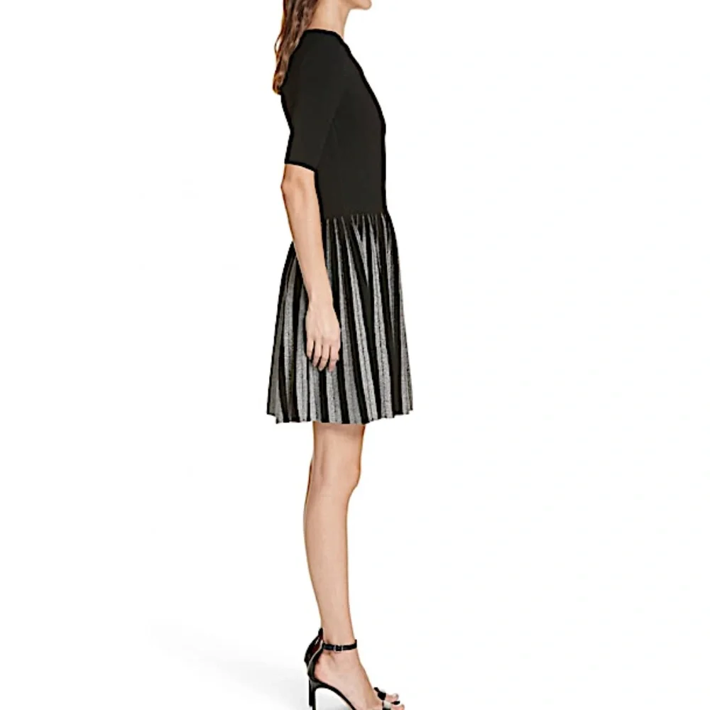 Milly Scoop-Neck Elbow-Sleeve Fit-and-Flare Metallic Pleated Dress - Picture 12 of 12